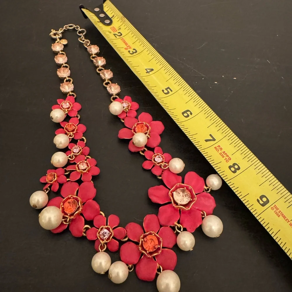 J. Crew Pearl Crystal Floral Necklace Pink Hibiscus Flower Statement - Picture 4 of 6